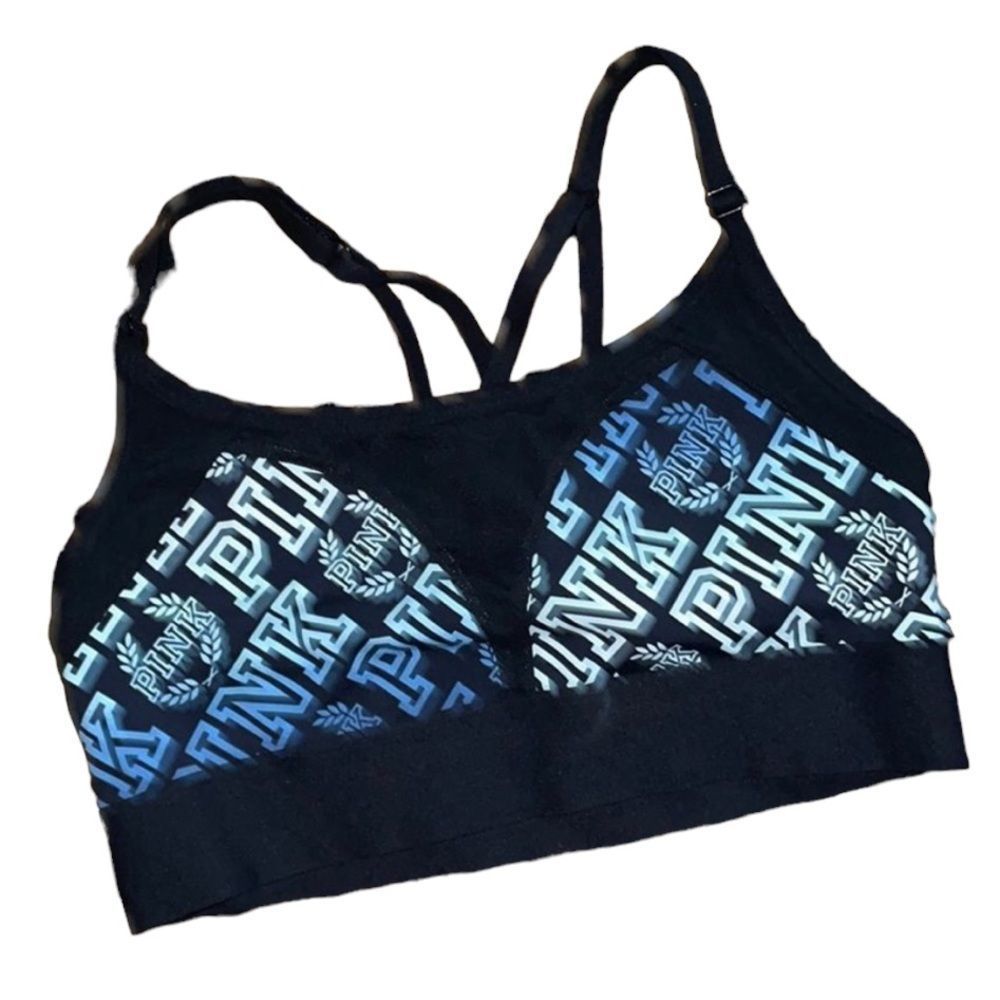 •PINK•NWT VICTORIA'S SECRET PINK ULTIMATE BLUE & BLACK LOGO SPORTS BRA. SMALL